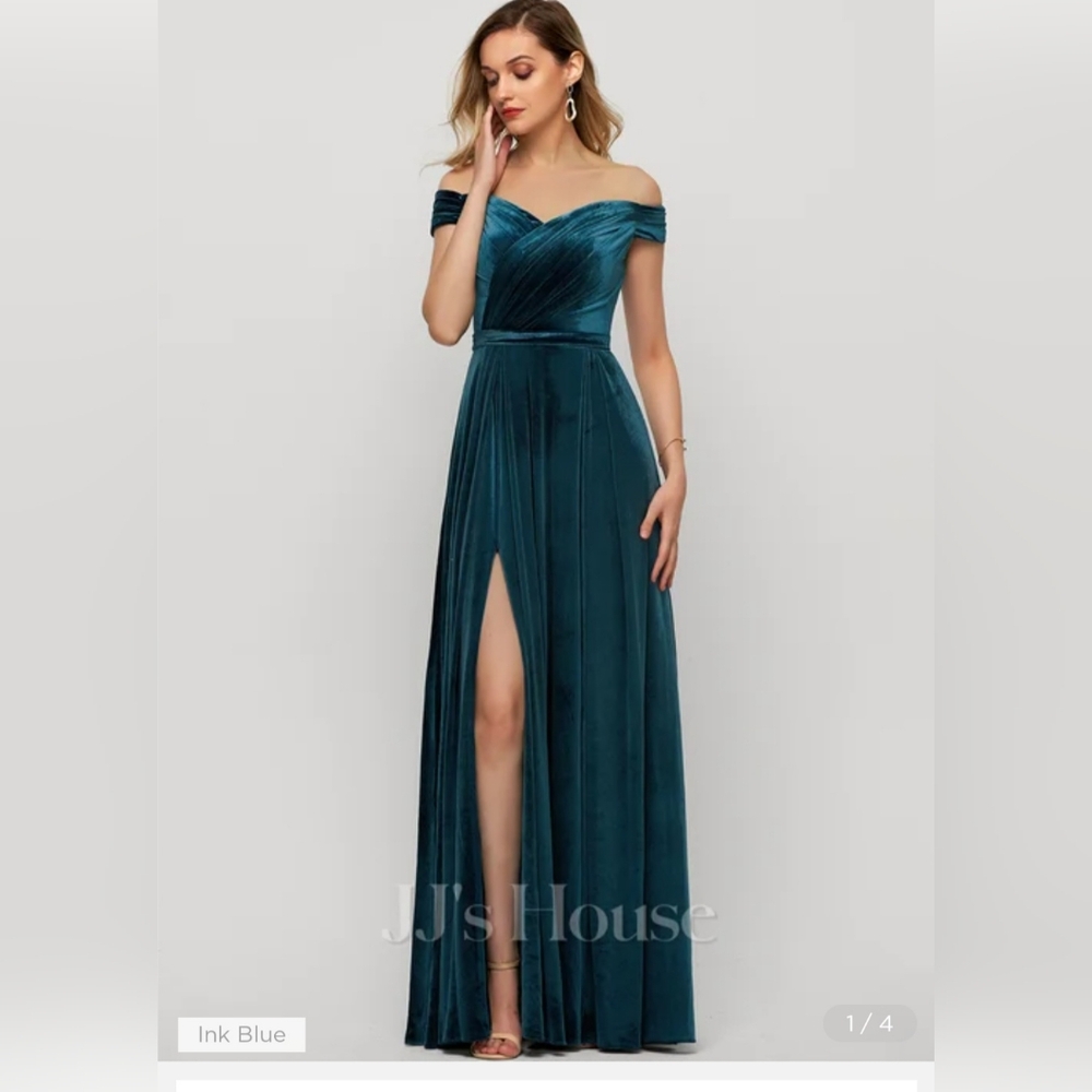 Emerald velvet off shoulder gown
